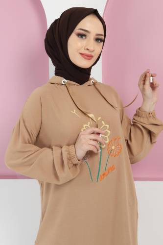 Çiçek İşlemeli Tunik TSD220414 Camel - Tesettür Dünyası (1)