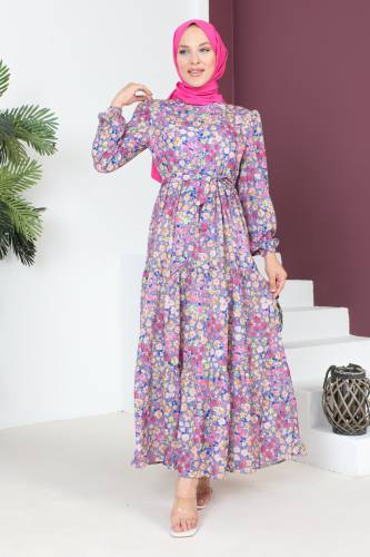 Çiçekli Elbise TSD230726 Lila - Tesettür Dünyası