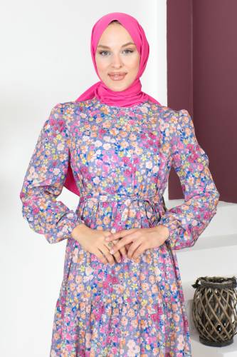 Çiçekli Elbise TSD230726 Lila - Tesettür Dünyası (1)
