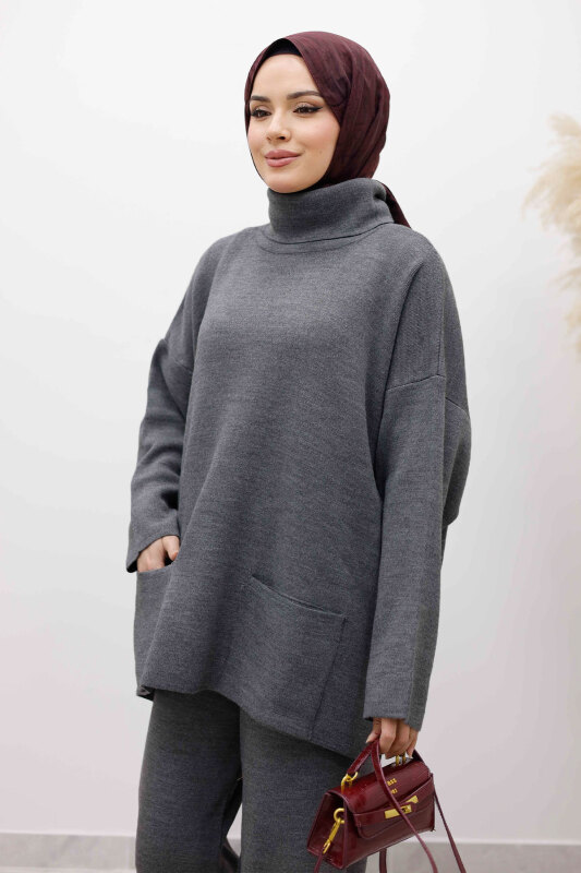 Çift Cepli Boğazlı Triko Takım TSD260109 Füme - 2
