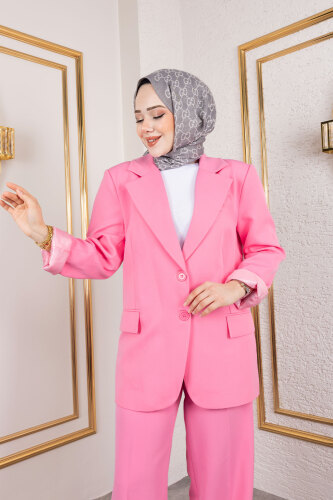 Çift Düğmeli Blazer Takım TSD250156 Pembe - Tesettür Dünyası (1)