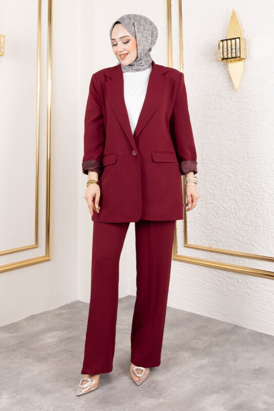 Kruvaze Yaka Blazer Takım TSD250118 Bordo - 1