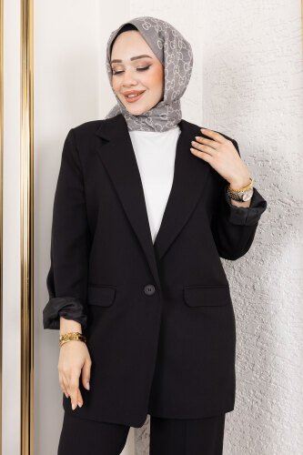 Kruvaze Yaka Blazer Takım TSD250118 Siyah - Tesettür Dünyası (1)