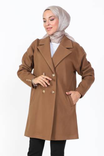 Çift Düğmeli Kaşe Kaban TSD231014 Taba - 2
