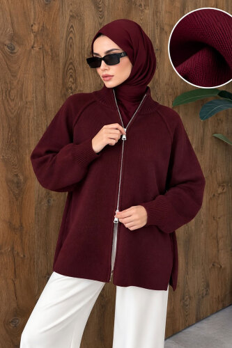 Çift Fermuarlı Dik Yaka Triko Hırka TSD260347 Bordo - 2