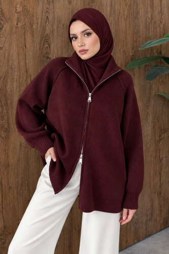 Çift Fermuarlı Dik Yaka Triko Hırka TSD260347 Bordo - 3