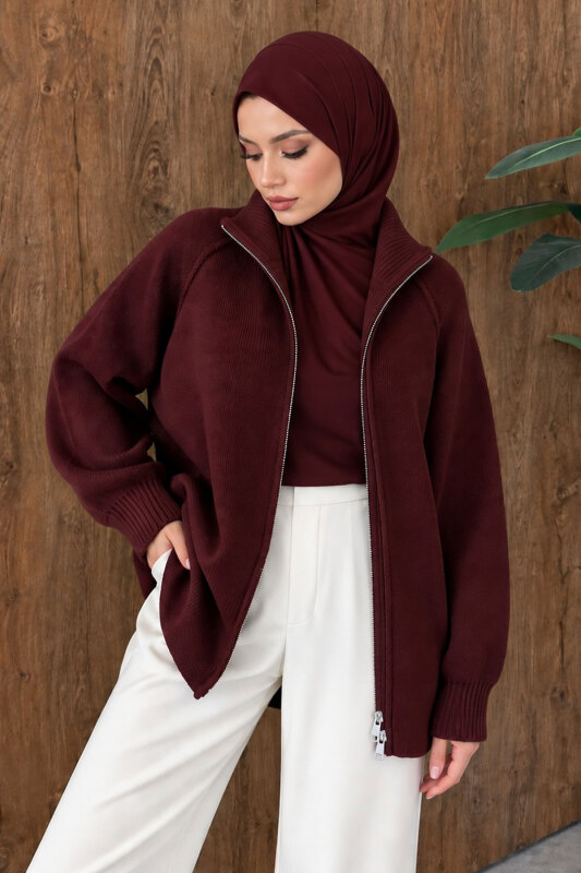 Çift Fermuarlı Dik Yaka Triko Hırka TSD260347 Bordo - 4