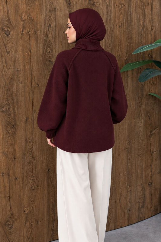 Çift Fermuarlı Dik Yaka Triko Hırka TSD260347 Bordo - 5