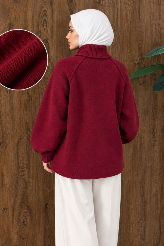 Çift Fermuarlı Dik Yaka Triko Hırka TSD260347 Mürdüm - 5