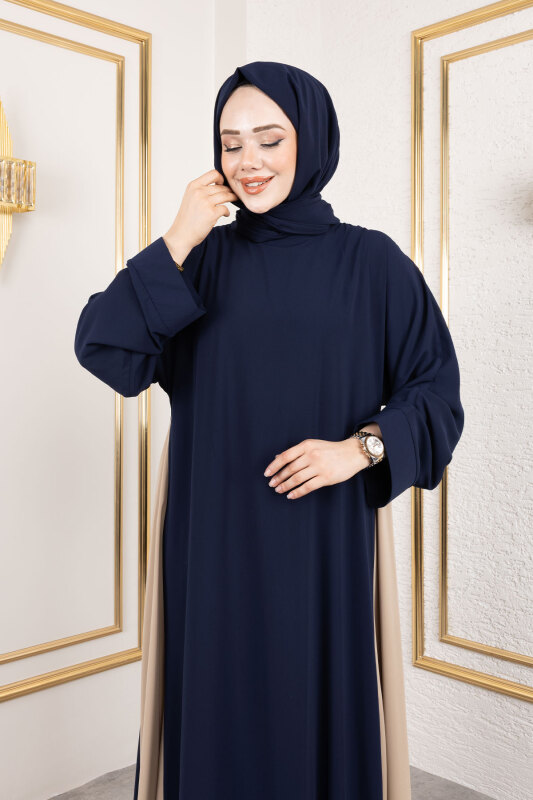 Çift Renkli Şallı Abaya TSD250147 Lacivert - 2