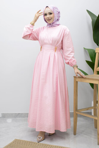 Çift Tokalı Pensli Elbise TSD260243 Pembe - 3