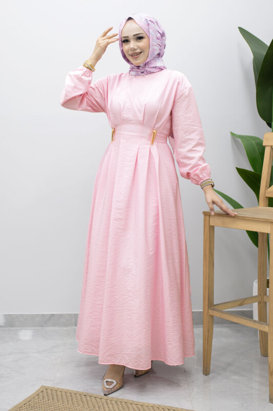 Çift Tokalı Pensli Elbise TSD260243 Pembe - 3