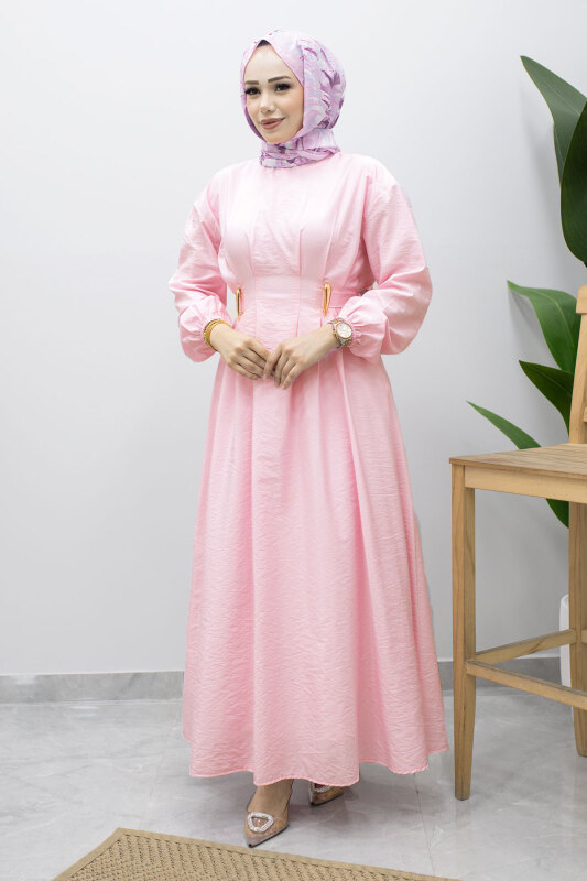 Çift Tokalı Pensli Elbise TSD260243 Pembe - 5