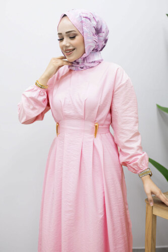 Çift Tokalı Pensli Elbise TSD260243 Pembe - 3