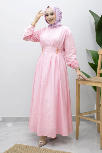 Çift Tokalı Pensli Elbise TSD260243 Pembe - 4
