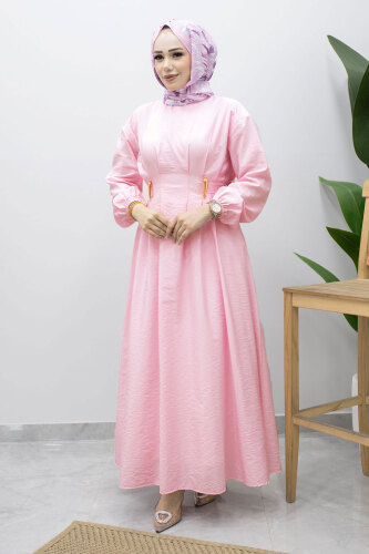 Çift Tokalı Pensli Elbise TSD260243 Pembe - 6