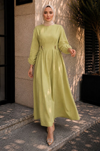 Çift Tokalı Pensli Elbise TSD260243 Yeşil - 5