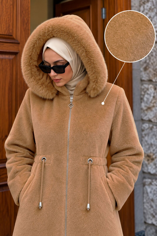 Çıkarılabilir Kapüşonlu Fox Kaban TSD260328 Camel - Tesettür Dünyası (1)