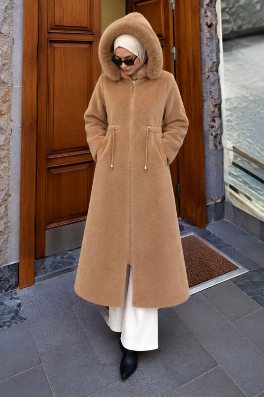 Çıkarılabilir Kapüşonlu Fox Kaban TSD260328 Camel - Tesettür Dünyası
