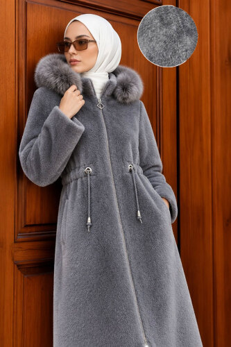 Çıkarılabilir Kapüşonlu Fox Kaban TSD260328 Gri - Tesettür Dünyası (1)