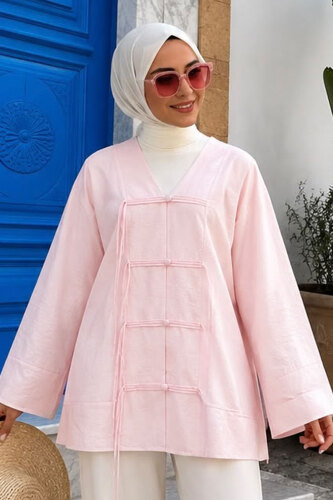 Çin Düğme Detaylı Gömlek TSD260272 Pembe - Tesettür Dünyası (1)