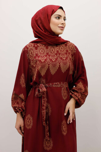 Çini Desenli Viskon Elbise TSD250237 Bordo - TESETTÜR DÜNYASI (1)