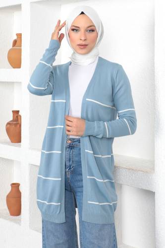 Çizgili Düğmesiz Triko Hırka TSD230367 Mavi 