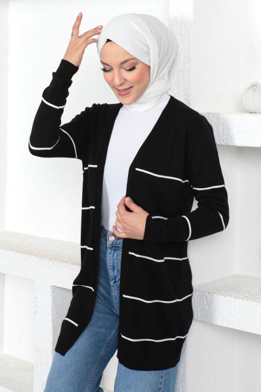 Çizgili Düğmesiz Triko Hırka TSD230367 Siyah - 3