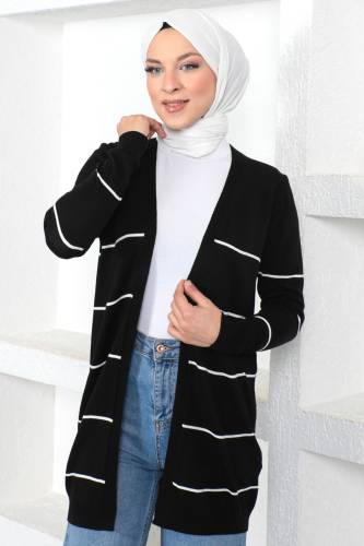 Çizgili Düğmesiz Triko Hırka TSD230367 Siyah - 1