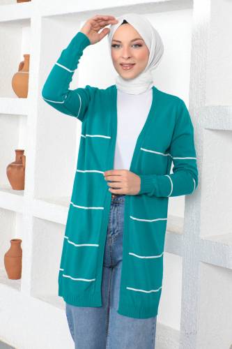Çizgili Düğmesiz Triko Hırka TSD230367 Turkuaz 