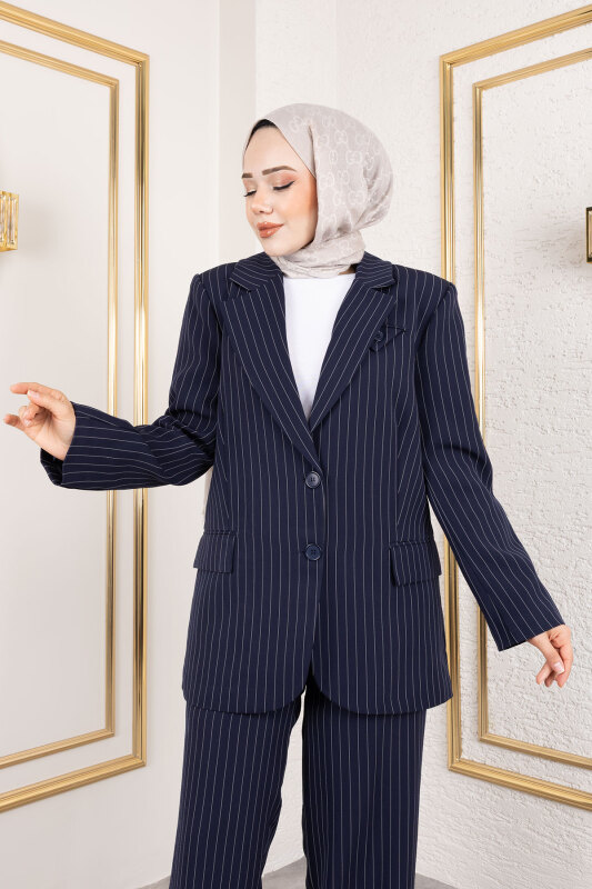 Çizgili Kruvaze Yaka Takım TSD250152 Lacivert - 2