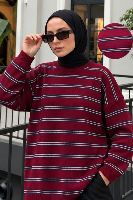 Çizgili Oversize Triko Kazak TSD260388 Bordo - Tesettür Dünyası (1)