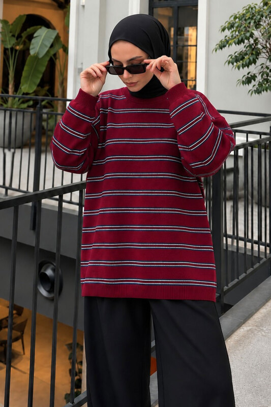 Çizgili Oversize Triko Kazak TSD260388 Bordo - 3