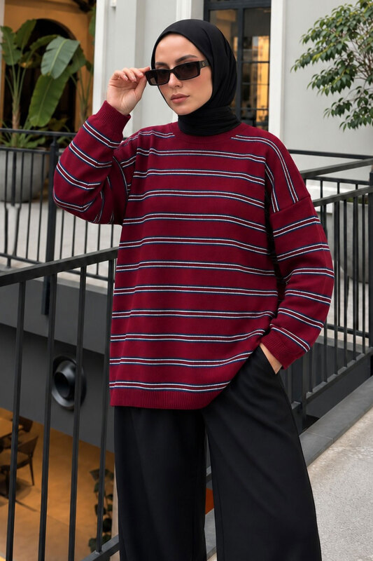 Çizgili Oversize Triko Kazak TSD260388 Bordo - 4