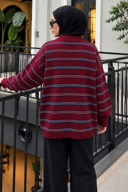 Çizgili Oversize Triko Kazak TSD260388 Bordo - 5