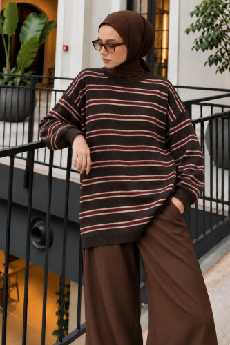 Çizgili Oversize Triko Kazak TSD260388 Kahverengi - 3