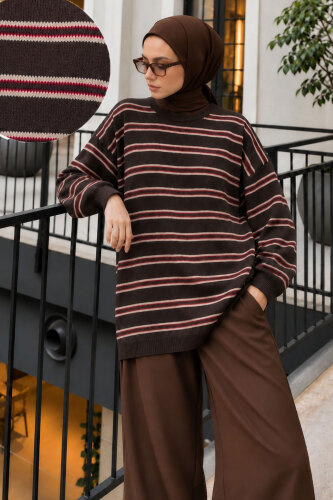 Çizgili Oversize Triko Kazak TSD260388 Kahverengi - 4