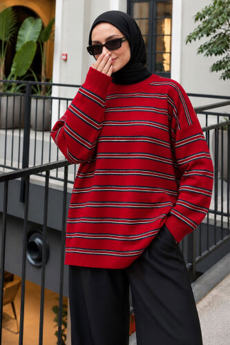 Çizgili Oversize Triko Kazak TSD260388 Kırmızı 