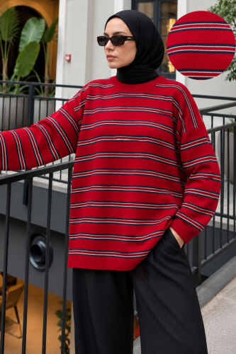 Çizgili Oversize Triko Kazak TSD260388 Kırmızı - Tesettür Dünyası (1)