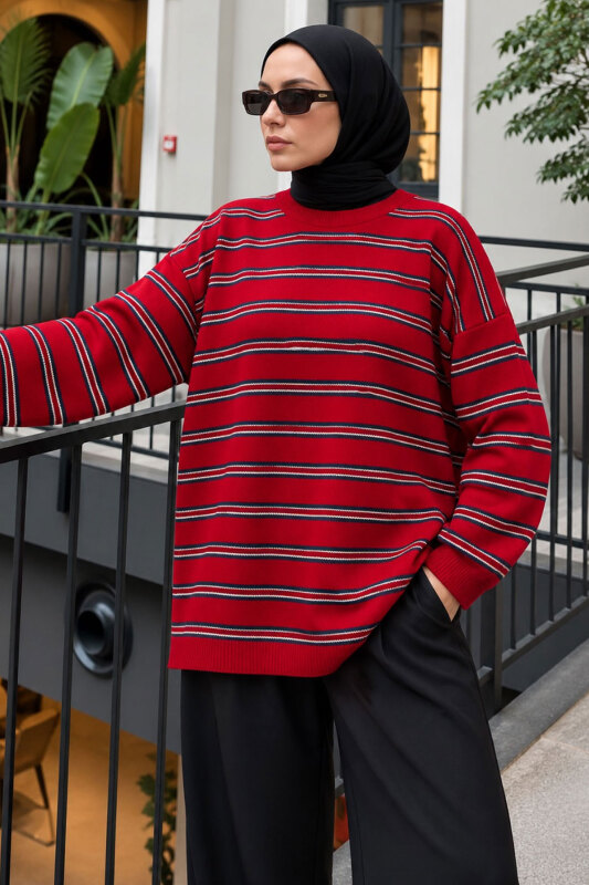 Çizgili Oversize Triko Kazak TSD260388 Kırmızı - 3