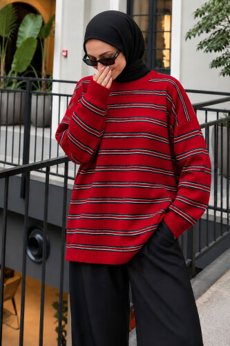 Çizgili Oversize Triko Kazak TSD260388 Kırmızı - 4