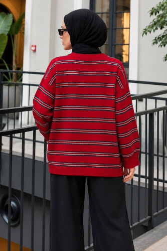 Çizgili Oversize Triko Kazak TSD260388 Kırmızı - 5