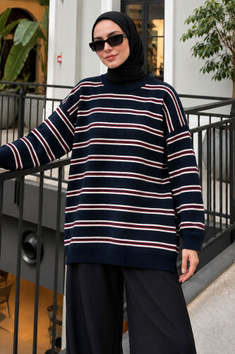 Çizgili Oversize Triko Kazak TSD260388 Lacivert - 3