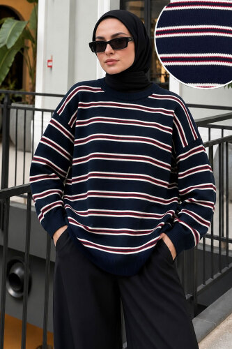 Çizgili Oversize Triko Kazak TSD260388 Lacivert - Tesettür Dünyası (1)