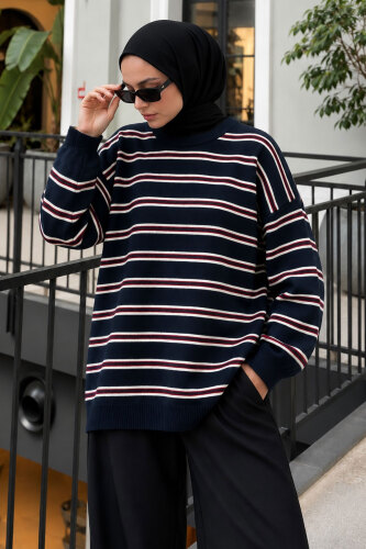 Çizgili Oversize Triko Kazak TSD260388 Lacivert 