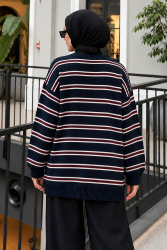 Çizgili Oversize Triko Kazak TSD260388 Lacivert - 5