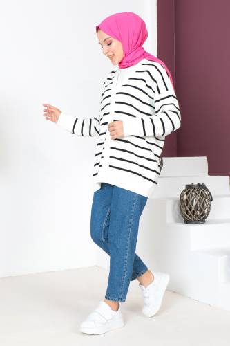Çizgili Triko Hırka TSD230720 Beyaz - 4