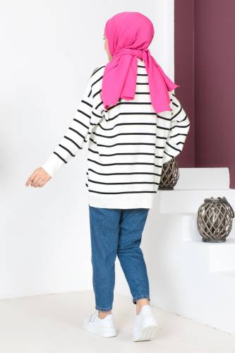 Çizgili Triko Hırka TSD230720 Beyaz - 5