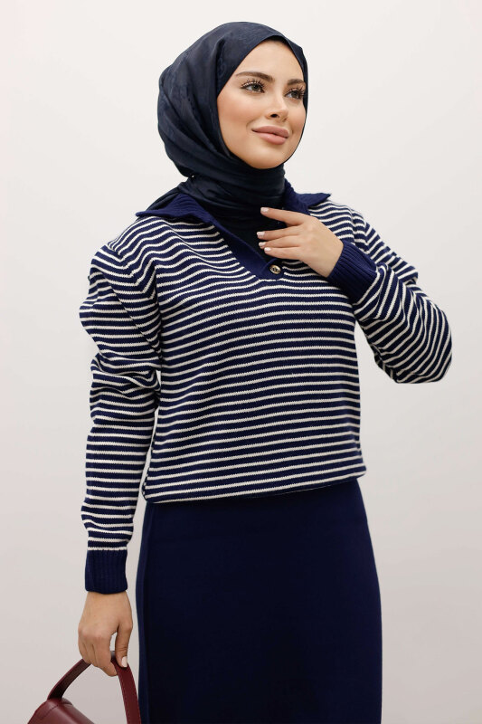 Çizgili Triko Kazak TSD250241 Lacivert - TESETTÜR DÜNYASI (1)