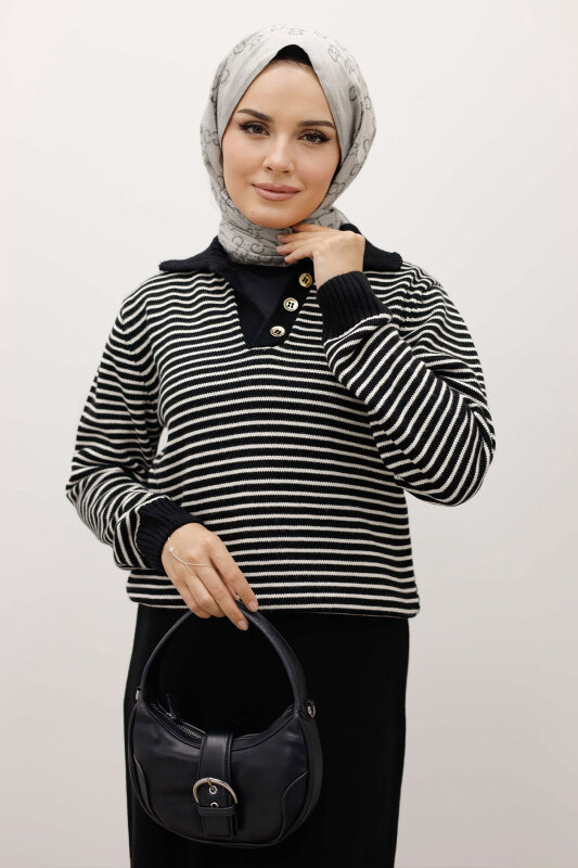 Çizgili Triko Kazak TSD250241 Siyah - TESETTÜR DÜNYASI (1)
